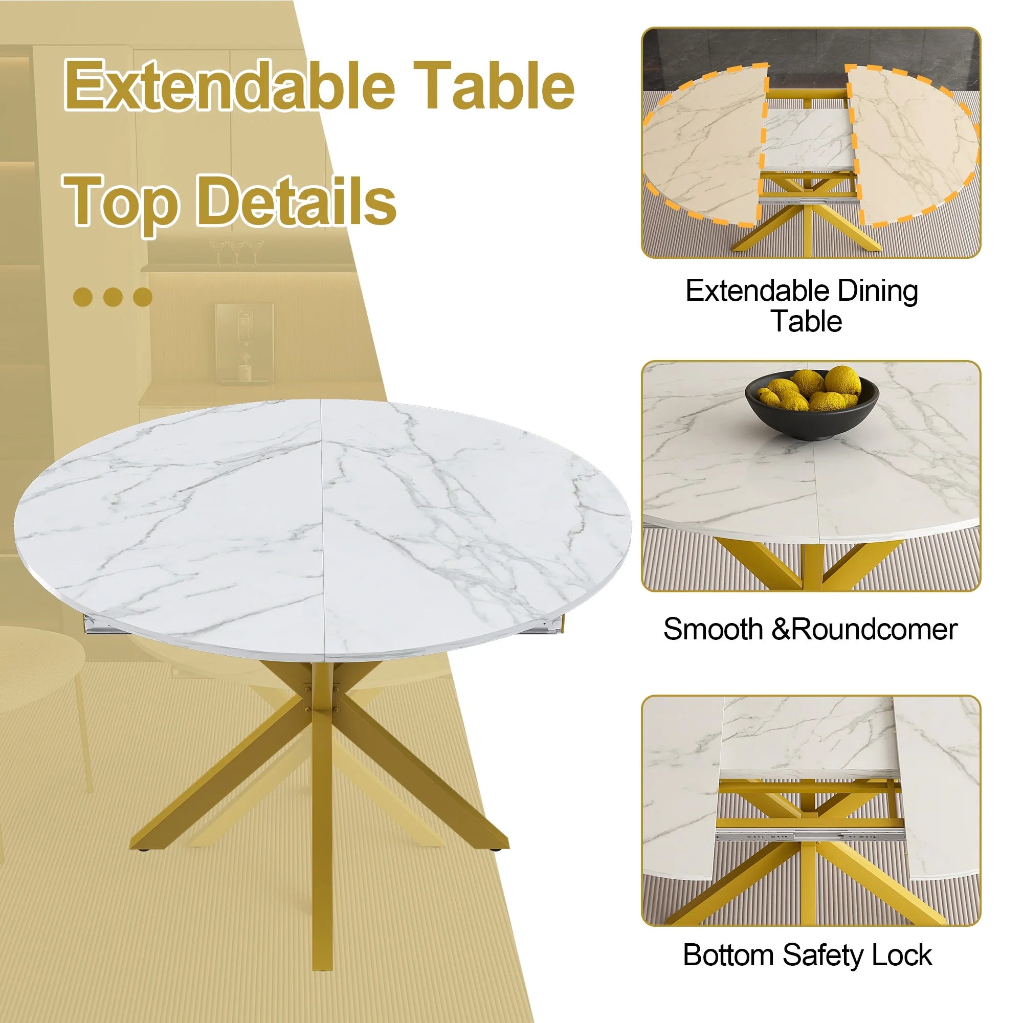 UHOMEPRO Extendable Dining Table with Extendable Blades. Modern Round Kitchen Table with Faux Marble Tabletop. Single Dining Room Table with Carbon Steel X-shaped Base for Dining Room. White+Gold
