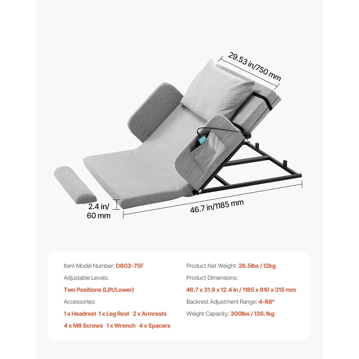 KFFKFF Electric Adjustable Bed Backrest. 300 lbs Capacity. 4-68�� Incline. with Armrest & Storage Pocket. Machine Washable. Ideal for Pregnant Women. Elderly. and Patients