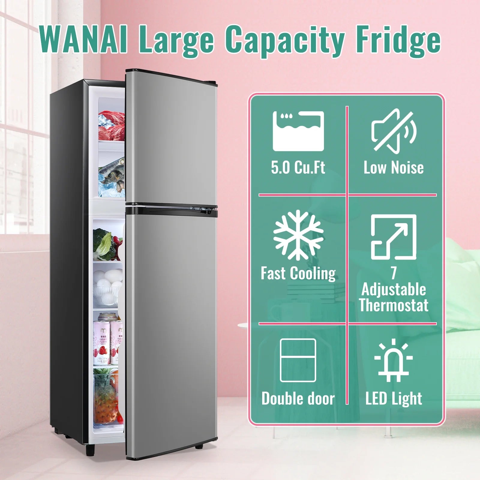 WANAI 5.0 Cu.ft Mini Refrigerator with Freezer 7 Settings Temp Adjustable Large Compact Fridge Silver