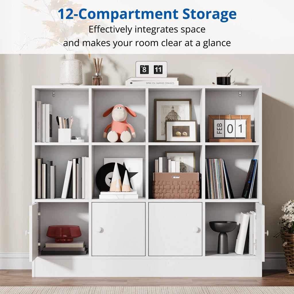 Cozy Castle 3-Tier Open Cube Bookcase with 12 Cubes and 4 Doors. Adjustable Shelves. White