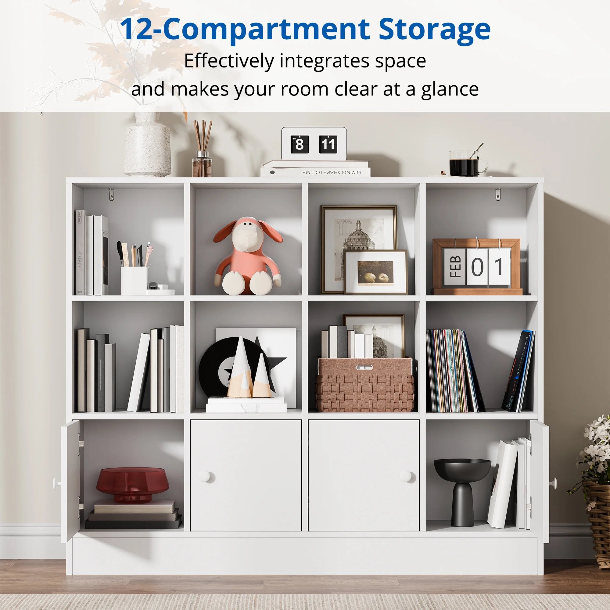 Cozy Castle 3-Tier Open Cube Bookcase with 12 Cubes and 4 Doors. Adjustable Shelves. White
