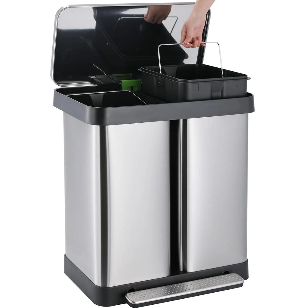 Arlopu 16 Gallon / 60L Dual Trash Can. Stainless Steel Kitchen Garbage Can with Soft-Close Lid. Home Office Classified Recycle Bin