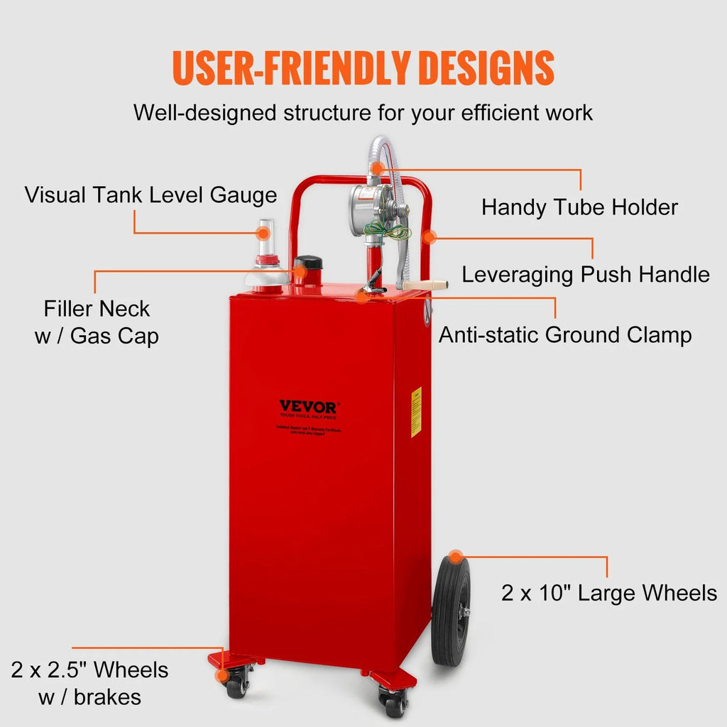 VEVOR 30 Gallon Fuel Caddy. Gas Storage Tank & 4 Wheels. with Manuel Transfer Pump. Gasoline Diesel Fuel Container for Cars. Lawn Mowers. ATVs. Boats. More. Red
