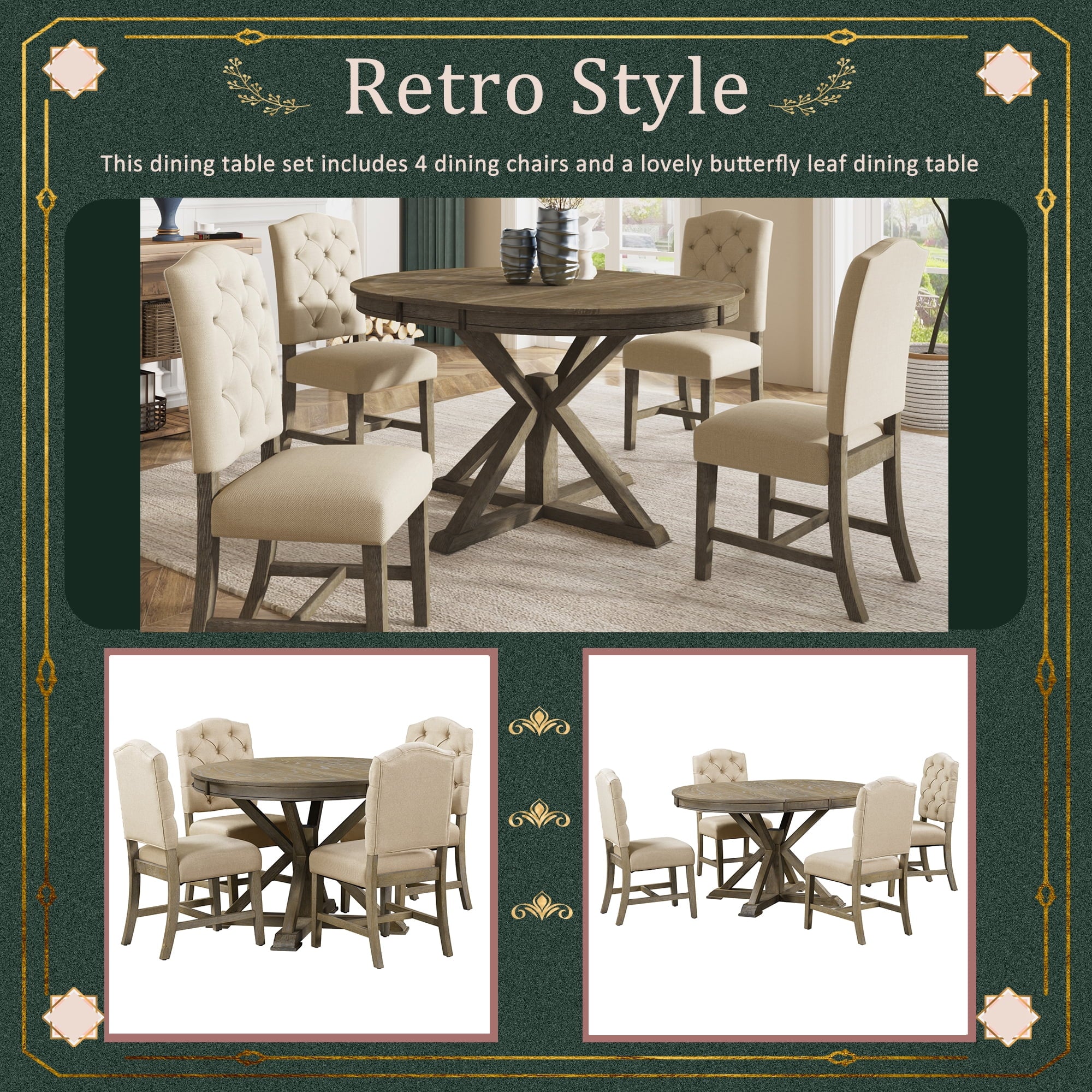 Besthome Farmhouse Extendable Round Kitchen Dining Room Table Set with Upholstered Chairs of 4. 5 Piece Round Dining Table Set with Extendable Table. Espresso