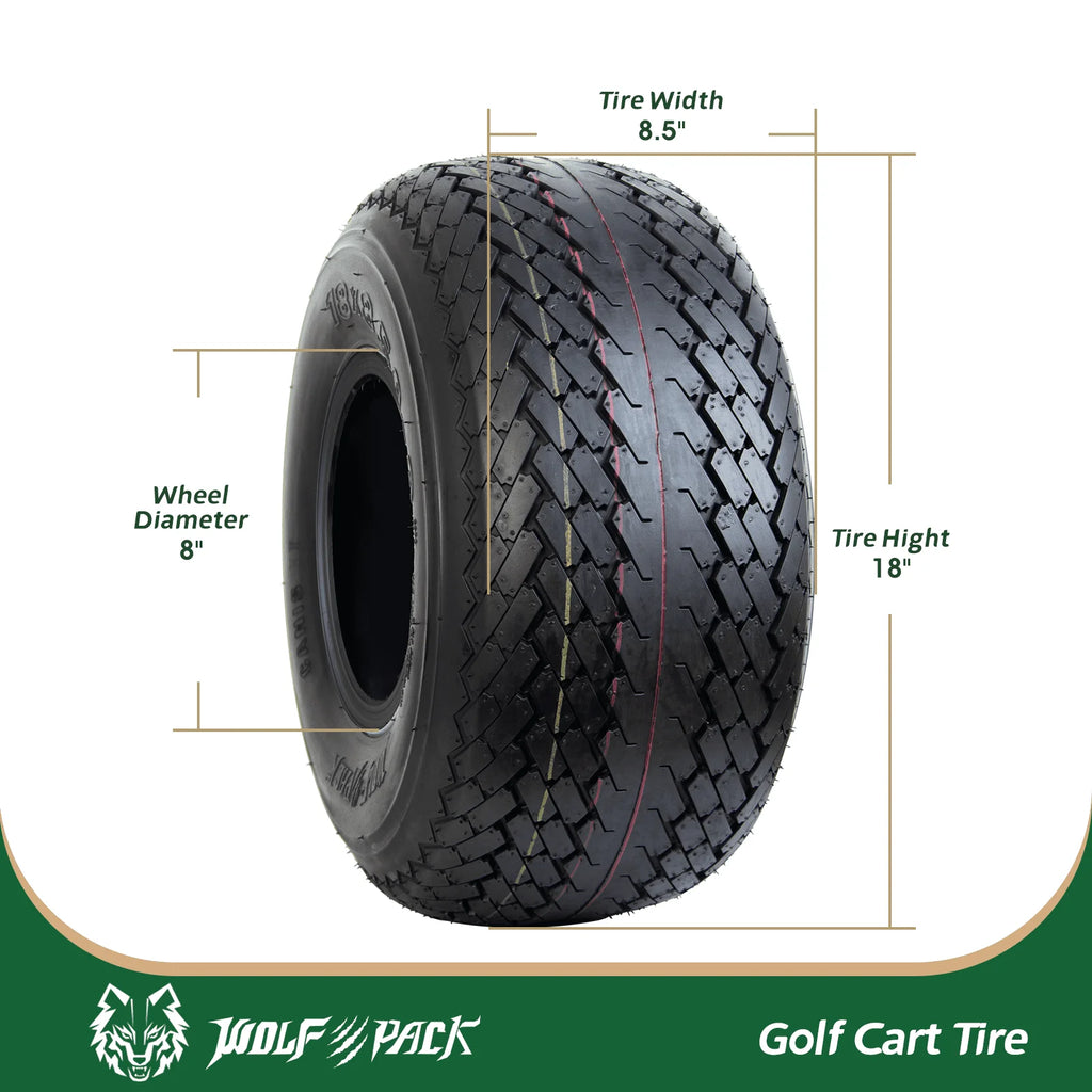 Set 4 WOLF PACK 18X8.5-8 6PR Golf Cart Tires Non-Directional Tubeless Tire Multi-Terrain Tire with Superior Traction and Mud-Resistant Self-Cleaning Tread Design for Long-Lasting Performance