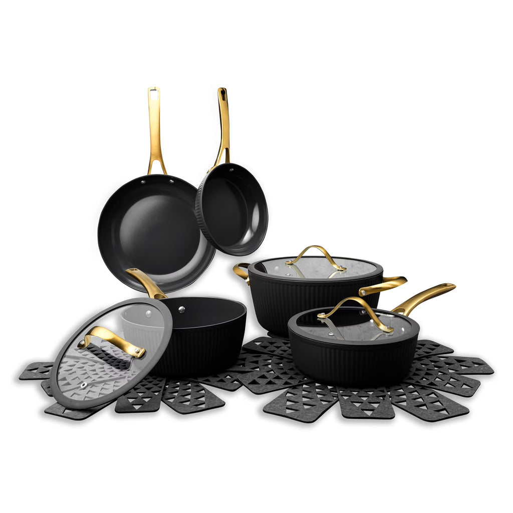 Thyme & Table 12-Piece Nonstick Signature Ribbed Cookware Set. Pots and Pans Set - Black & Gold