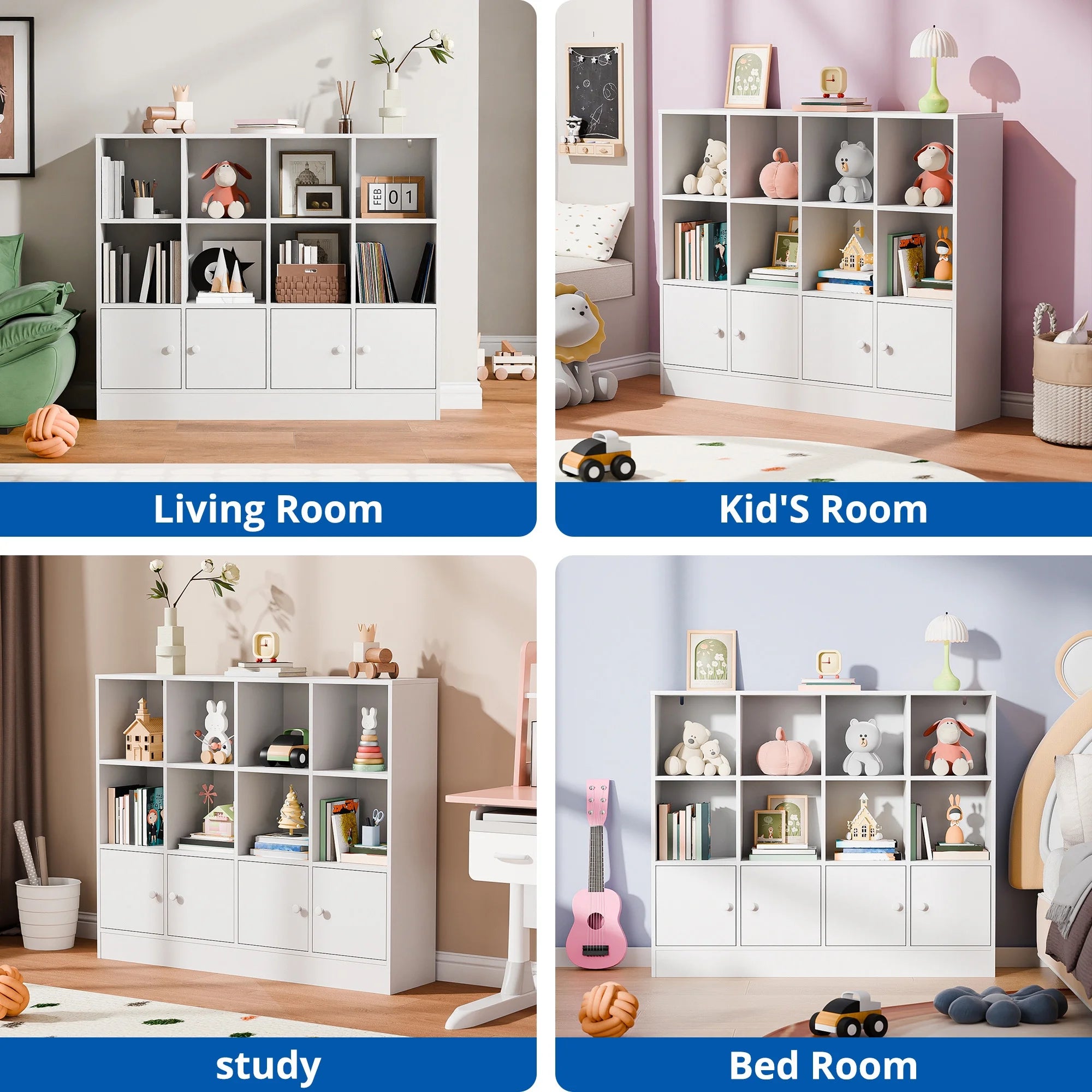 Cozy Castle 3-Tier Open Cube Bookcase with 12 Cubes and 4 Doors. Adjustable Shelves. White