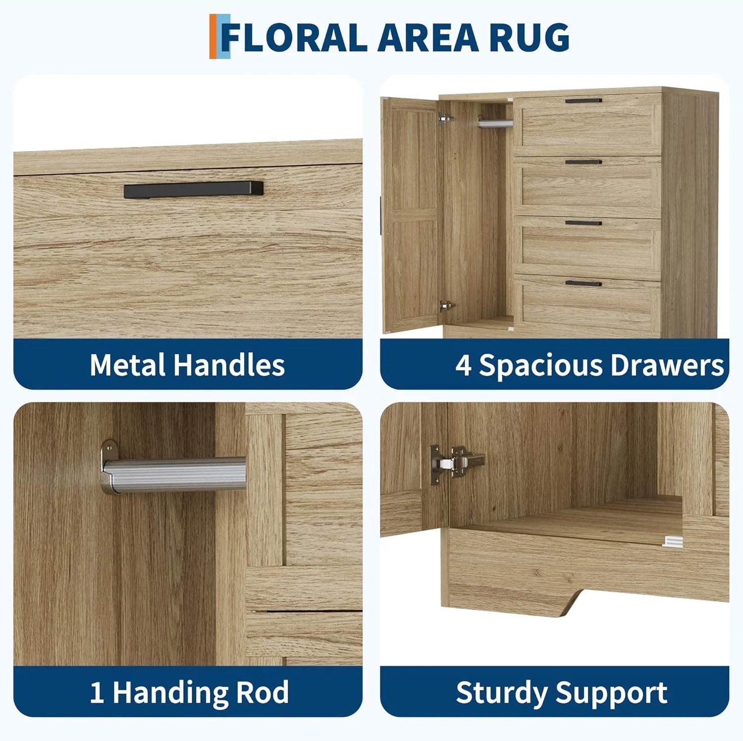 43.3 H Armoire Wardrobe Closet with 4 Drawers & Hanging Rod. Multifunctional Wood Storage Cabinet for Bedroom. Natural Oak