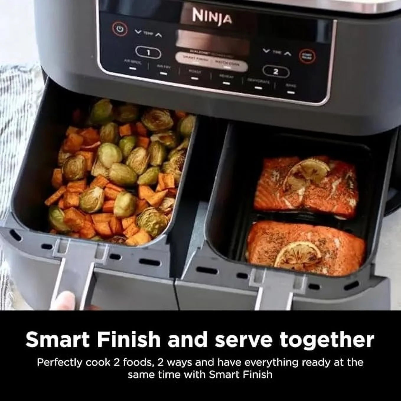 Ninja DZ201 Foodi 8 Quart 6-in-1 DualZone 2-Basket Air Fryer with 2 Independent Frying Baskets. Match Cook & Smart Finish to Roast. Broil. Dehydrate & More for Quick. Easy Meals. Grey