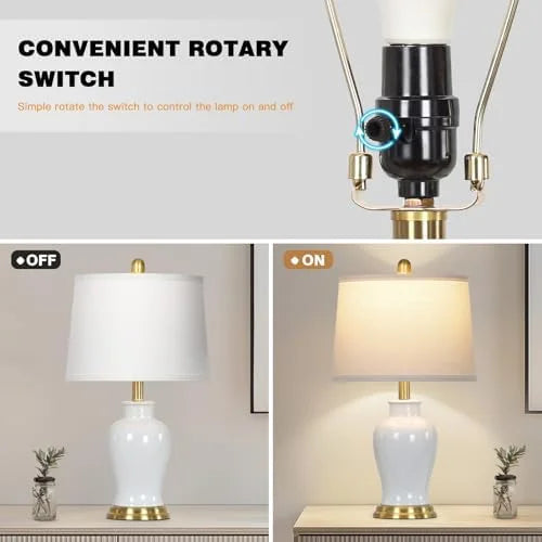 Modern Ceramic Table Lamps Set of 2. 23 White Ceramic Lamps for Living Room. Rustic Farmhouse Bedside Lamp with Ginger Jar Design. Elegant Bedroom Lamp for Nightstand Desk Side End Table Home Decor