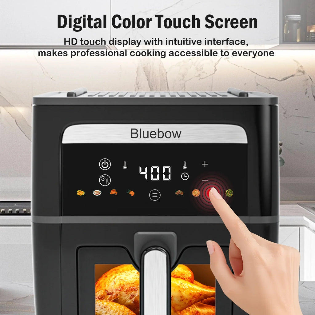 Bluebow 9QT  Air Fryer & Grill Pan Combo. Large Capacity. 8 Preset Functions. Non Toxic. Non-Stick. View Window. Black