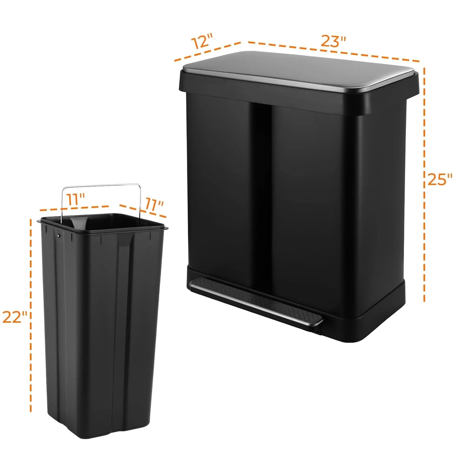 Arlopu 16 Gallon / 60L Dual Trash Can. Stainless Steel Kitchen Garbage Can with Soft-Close Lid. Home Office Classified Recycle Bin