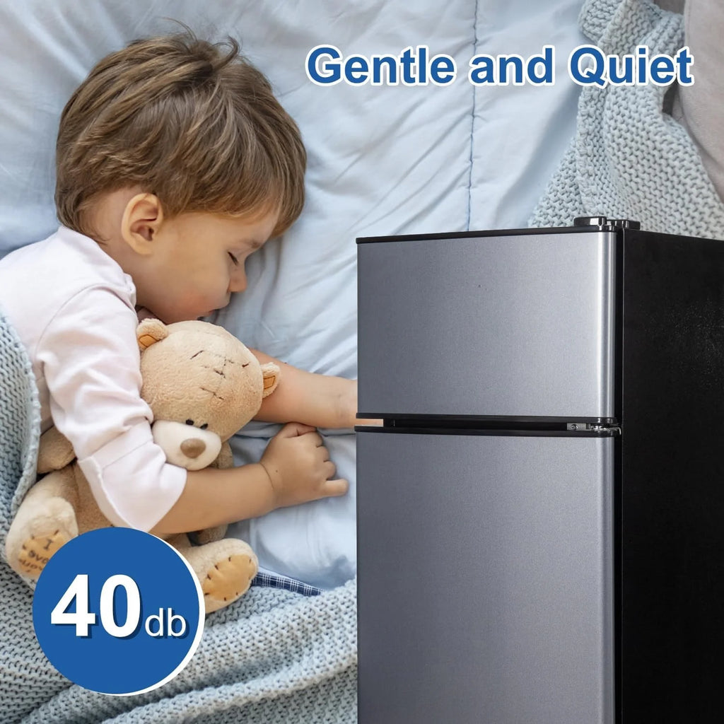 Kcpolre Mini Fridge with Freezer. 2.5 Cu.ft Small Fridge. Low Noise.7 Adjustable Thermostat. Double Door Small Refrigerator for Dorm. Bedroom. Office. Blue