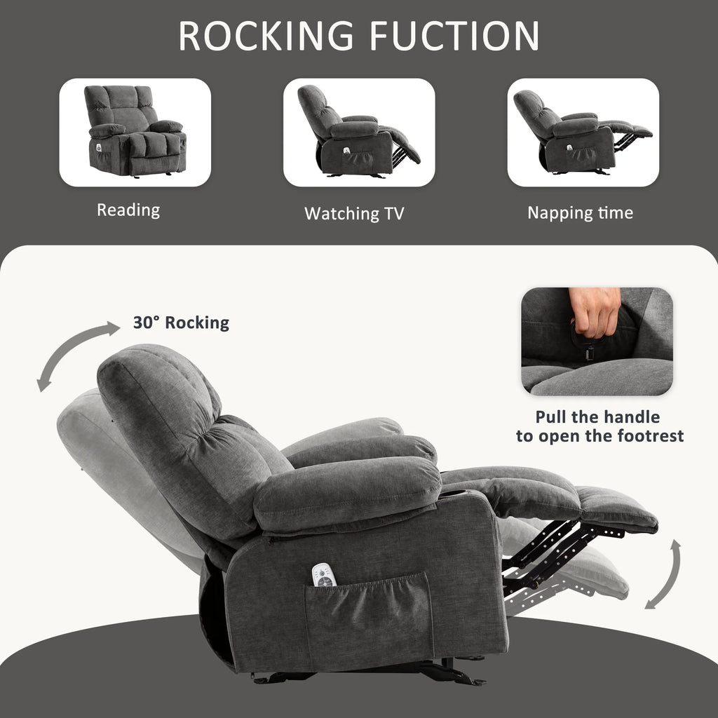 JONPONY Manual Recliner Chair with Heat Therapy and Massage Function. Heavy Duty Reclining Mechanism Massage Chair. Elderly Single Rocker Sofa with Cup Holders for Bedroom Home Theater.Grey
