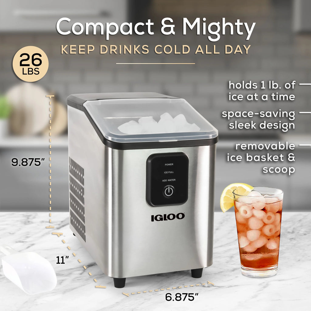 Igloo Self-Cleaning Countertop Ice Maker - Compact and Portable - Creates 26 lbs. Per Day. 8 Pieces Ready Every 7-8 Minutes - Includes Ice Scoop and Basket - Aqua