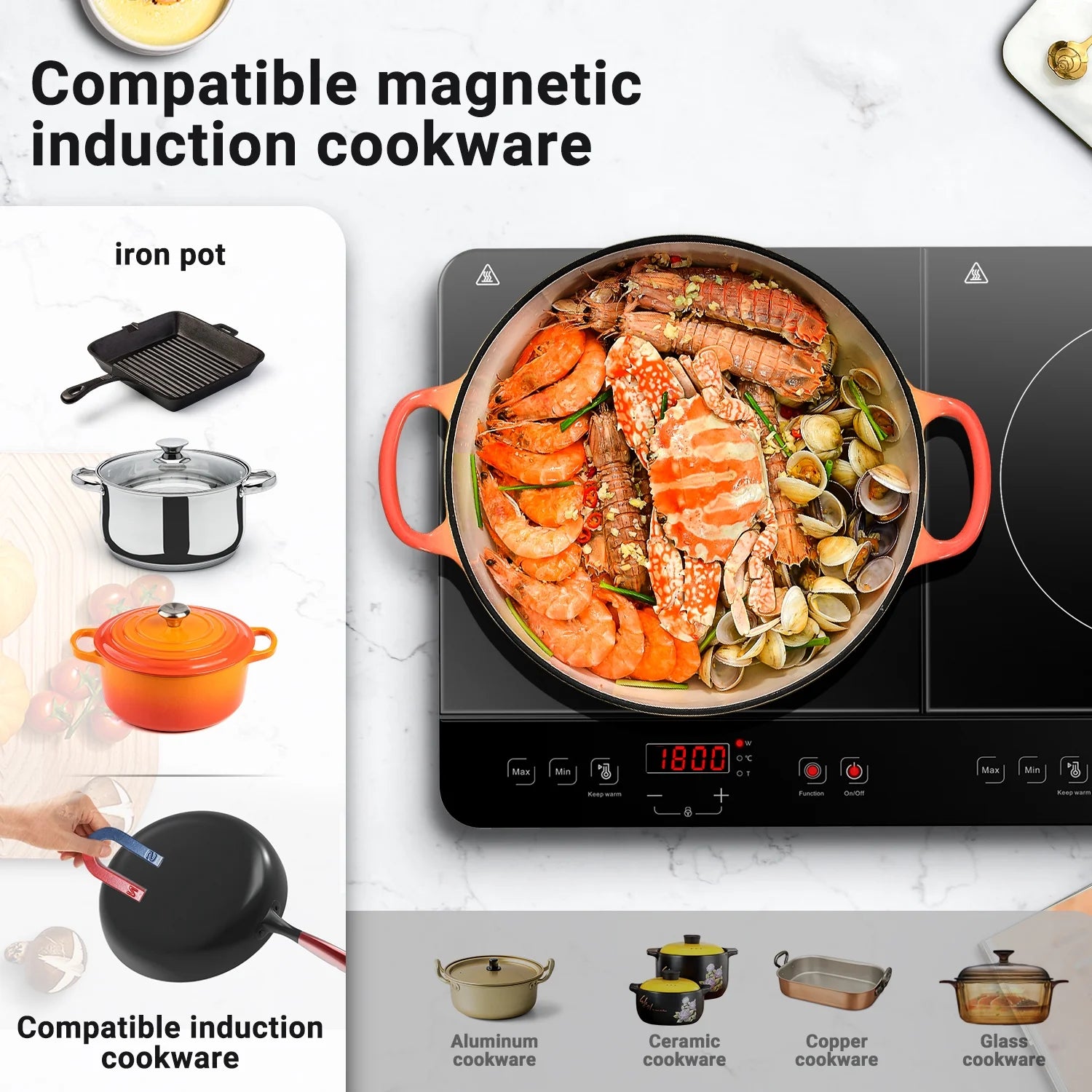 Aobosi Double Induction Cooktop with 2 Burners. 1800W Electric Stove Cooktop with Sensor Touch. 10 Temperature 9 Power Settings