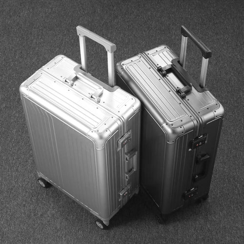 All Aluminum Magnesium Hardshell Carry on Luggage with Wheels. Modern Zipperless Hardshell Checked Luggage with TSA Lock. Airline Approved Metal Suitcase Travel Metal Rolling Luggage