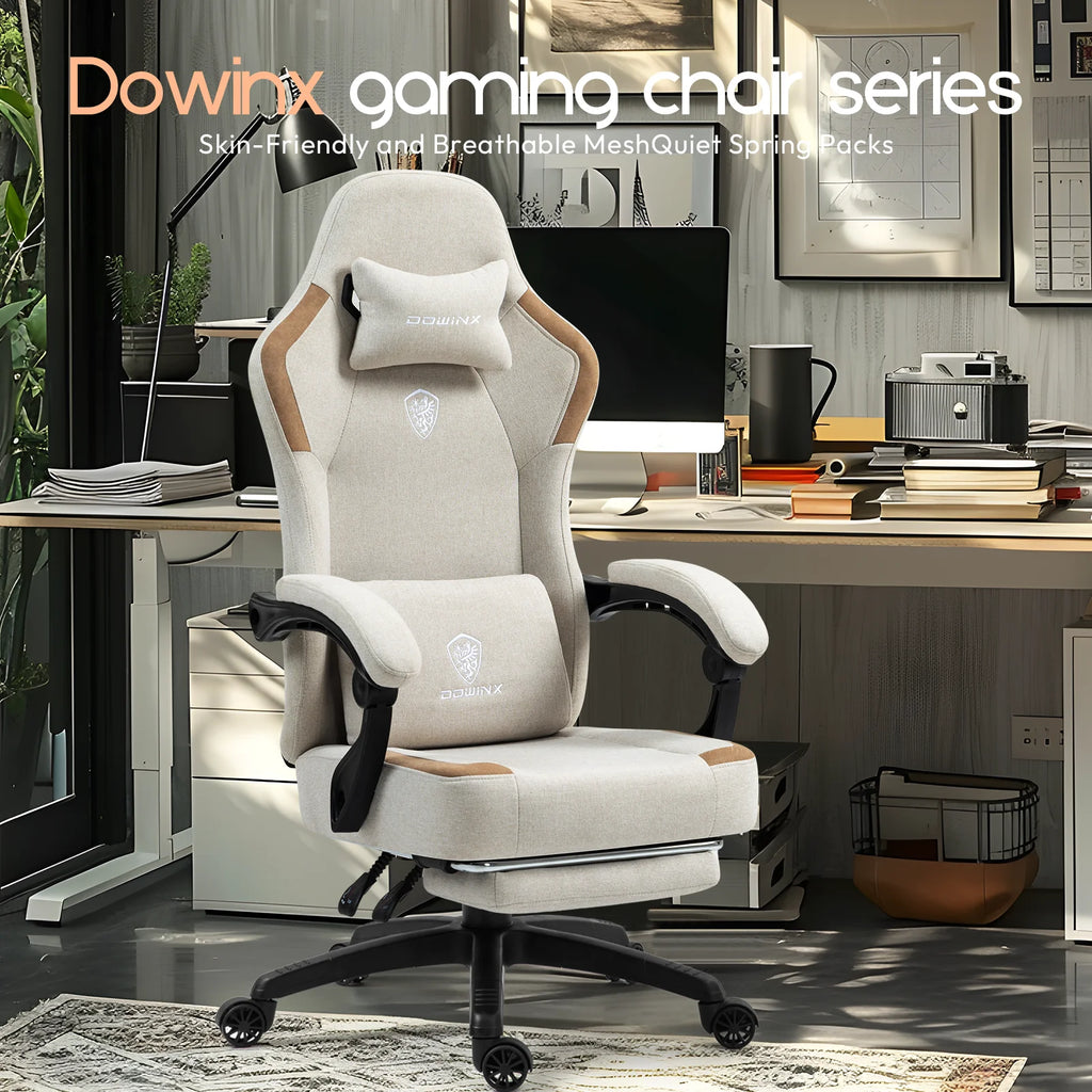 GOOSEA Fabric Gaming Chair with Pocket Spring Cushion. Breathable Computer Chair with Massage Lumbar Support and Footrest. High Back Office Chair for Adults. 300lbs. Grey
