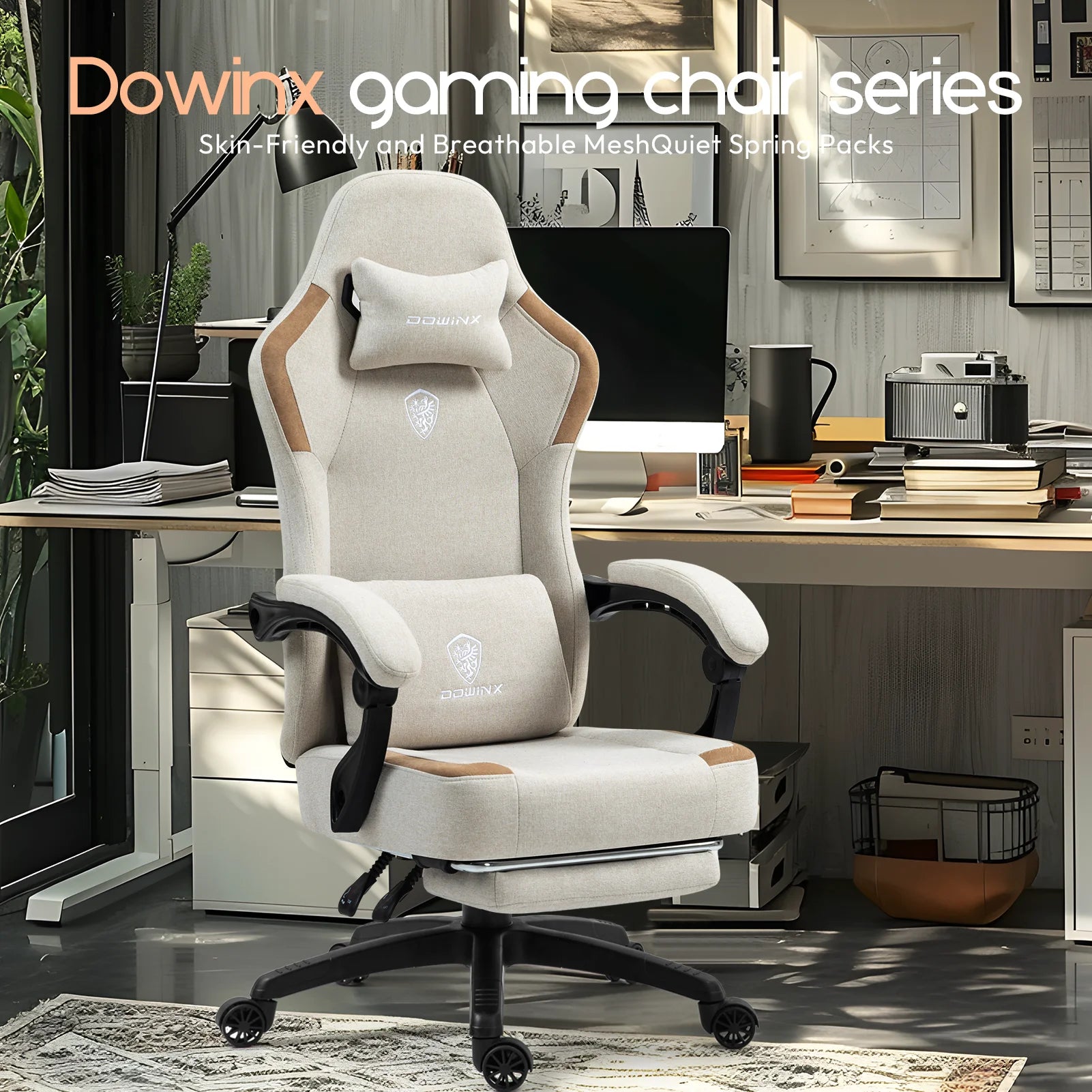 GOOSEA Fabric Gaming Chair with Pocket Spring Cushion. Breathable Computer Chair with Massage Lumbar Support and Footrest. High Back Office Chair for Adults. 300lbs. Grey