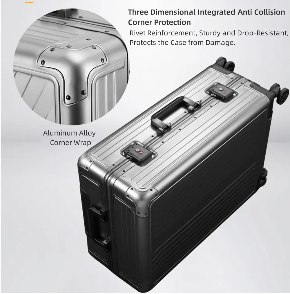 All Aluminum Magnesium Hardshell Carry on Luggage with Wheels. Modern Zipperless Hardshell Checked Luggage with TSA Lock. Airline Approved Metal Suitcase Travel Metal Rolling Luggage