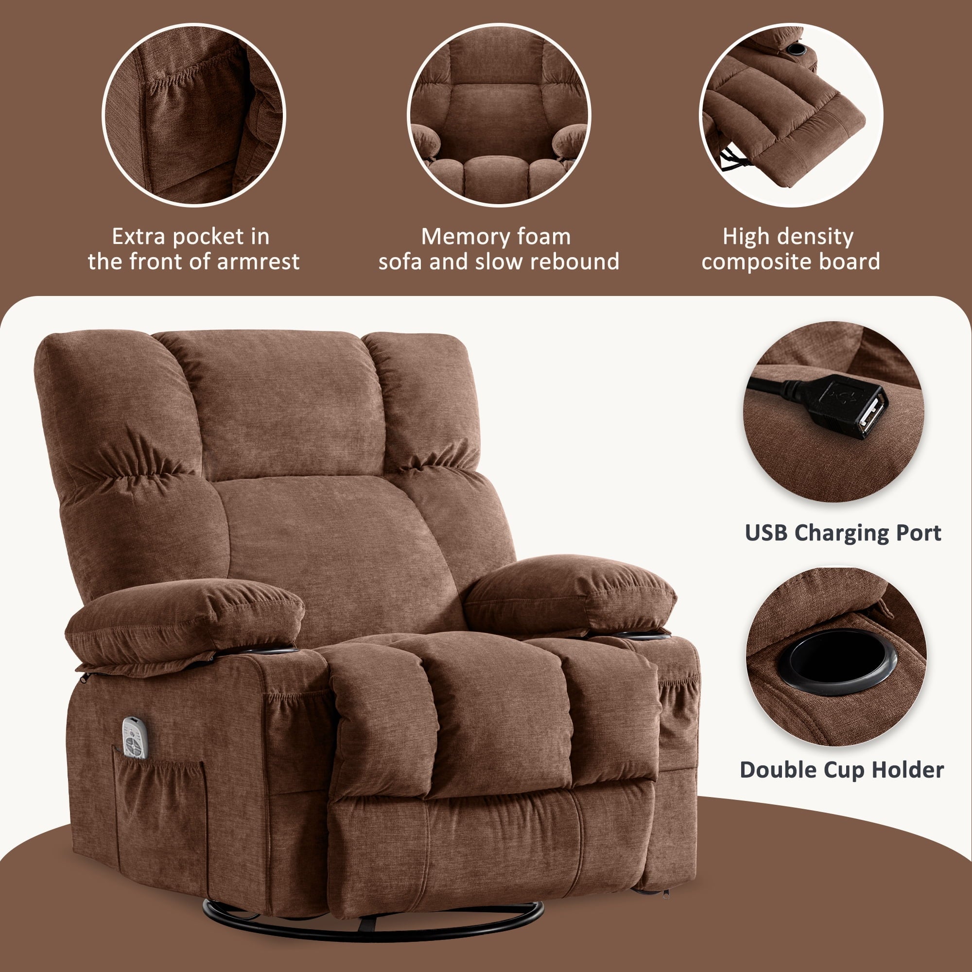 JONPONY Manual Recliner Chair with Heat Therapy and Massage Function. Heavy Duty Reclining Mechanism Massage Chair. Elderly Single Rocker Sofa with Cup Holders for Bedroom Home Theater.Grey