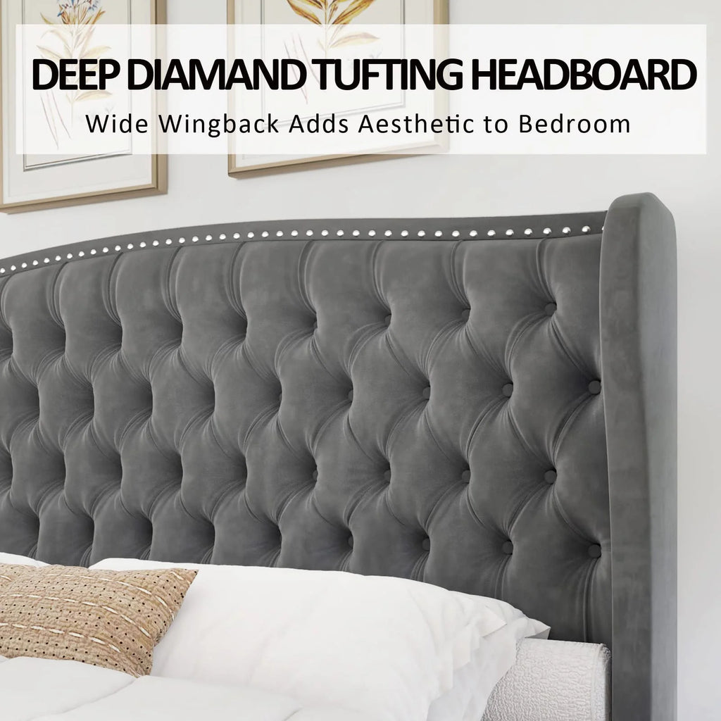 VANACC Queen Size Bed Frame. Velvet Upholstered Bed with Deep Button Tufted Wingback Headboard��Grey