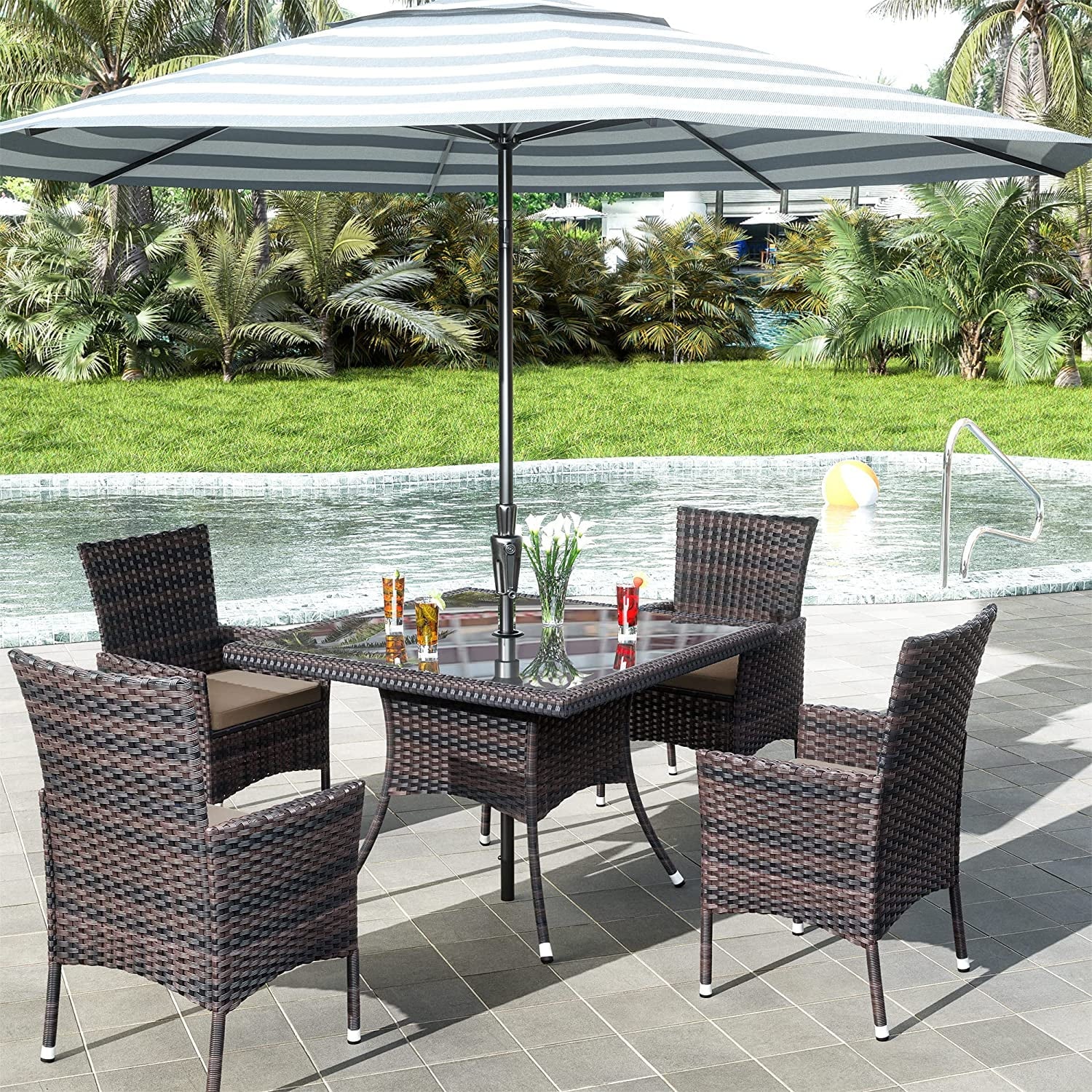 ALAULM 5 Pieces Patio Dining Set Outdoor Rattan Furniture with Square Glass Tabletop 4 Chairs with Cushions for Patio. Backyard Outdoor Kitchen Lawn & Garden Blue