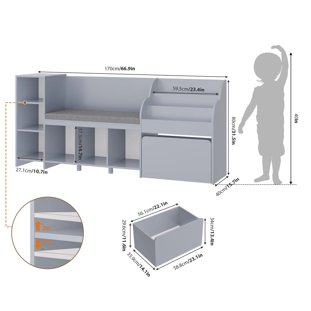 Homfa Kids Bookshelf with Reading Nook. 6 Shelf Bookcase with 1 Wood Toy Bin with 3 Tier Book Rack for Children Kidsroom