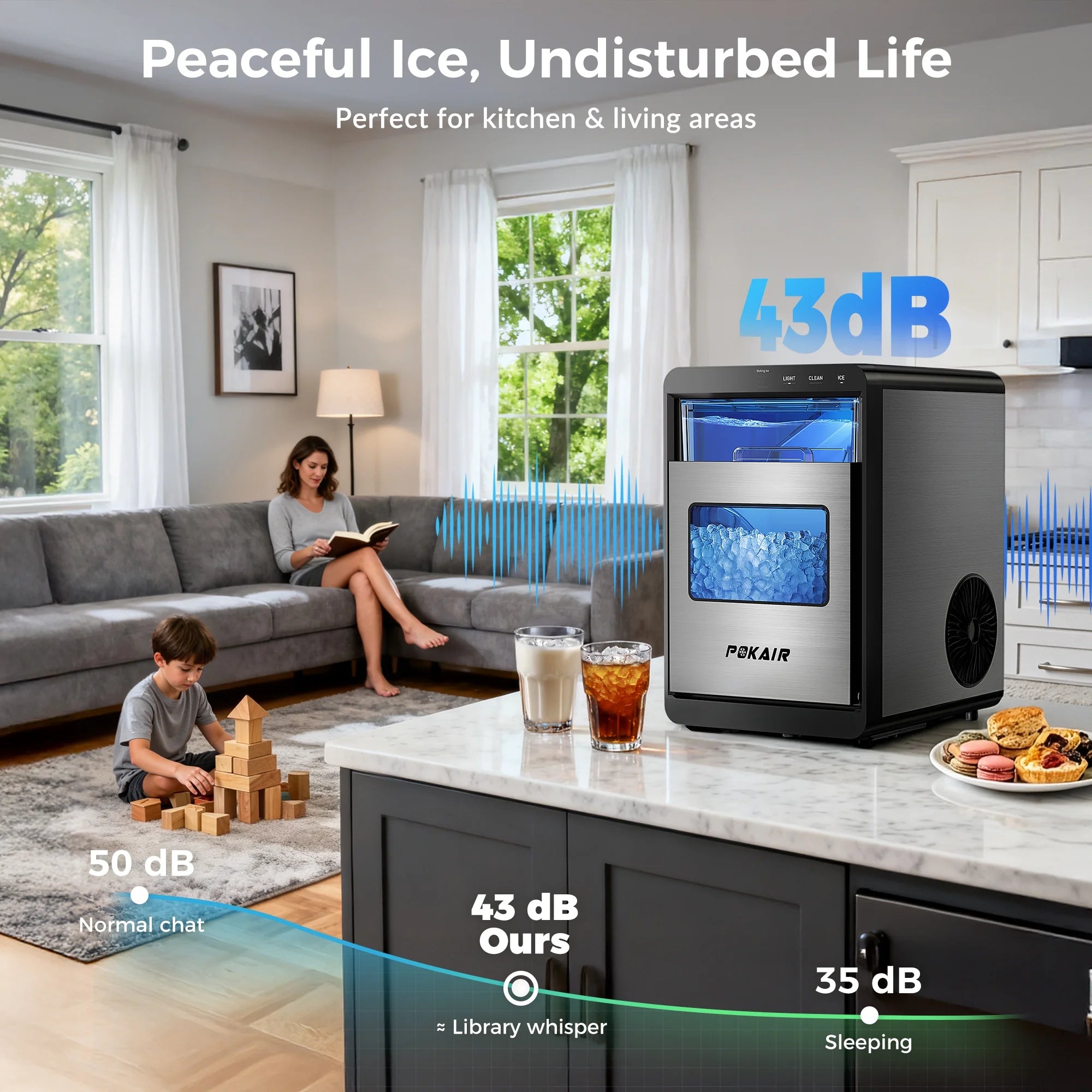POKAIR Ice Maker. Nugget Ice Maker Portable Countertop 44lbs/Day. One-Touch Instant Ice & Self-Cleaning. Pebble Ice Machine for Home Office RV. Stainless Steel