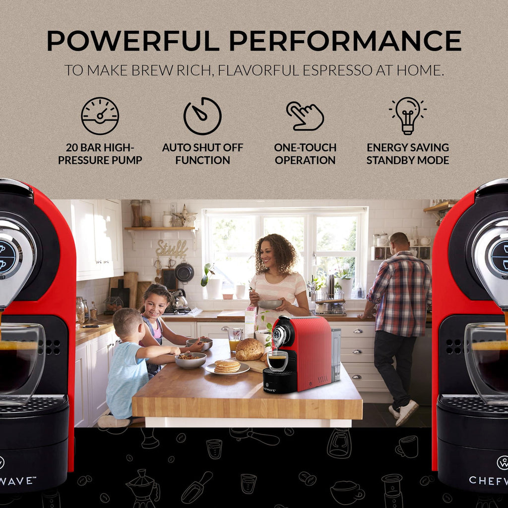 ChefWave Espresso Machine for use with Nespresso Capsules (Red). Holder and Cups