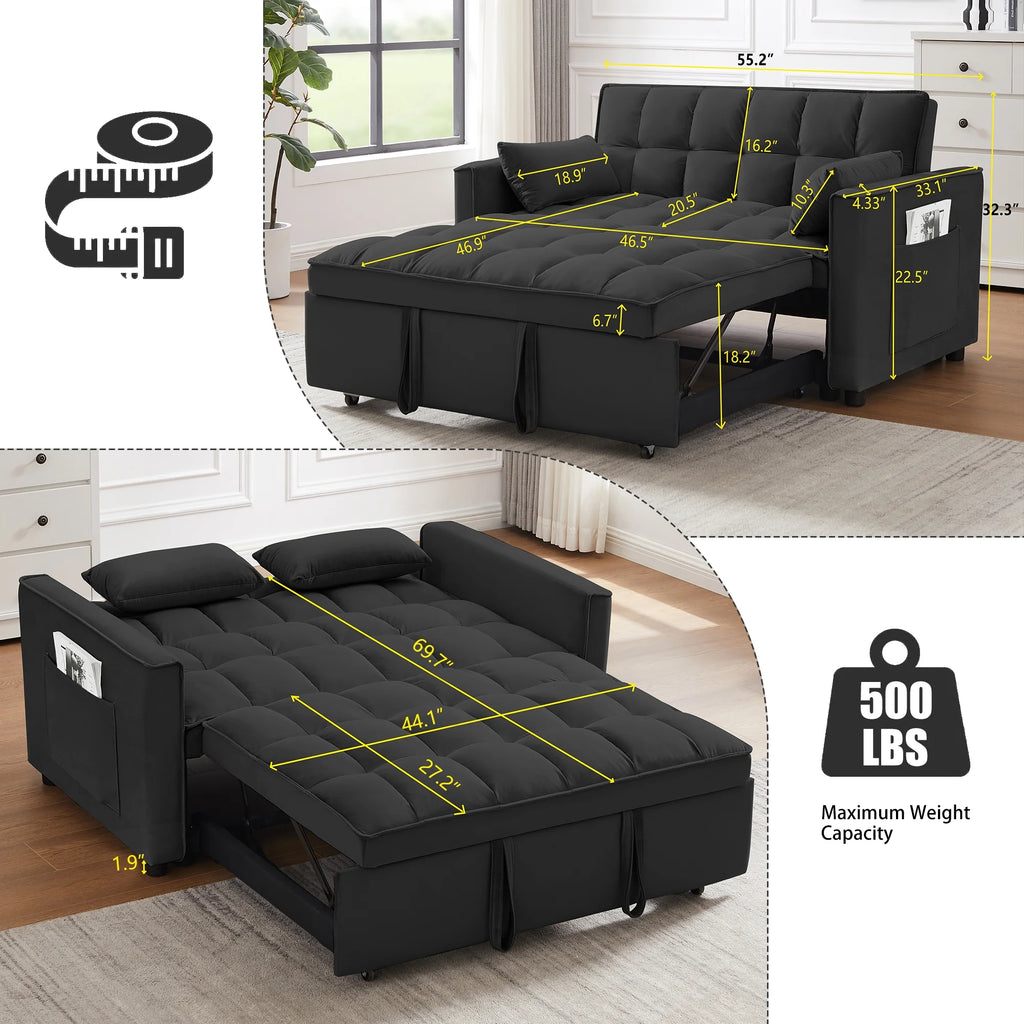 55 Inch Convertible Futon Sofa Bed.Modern Loveseat Sleeper Sofa Couch with Pull-Out Sofa Bed for Living Room.Small Space - Black