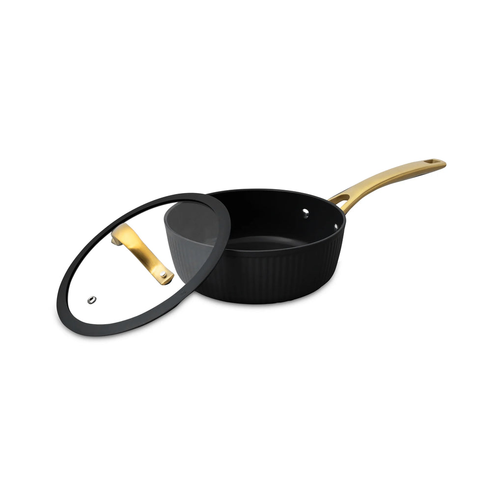Thyme & Table 12-Piece Nonstick Signature Ribbed Cookware Set. Pots and Pans Set - Black & Gold
