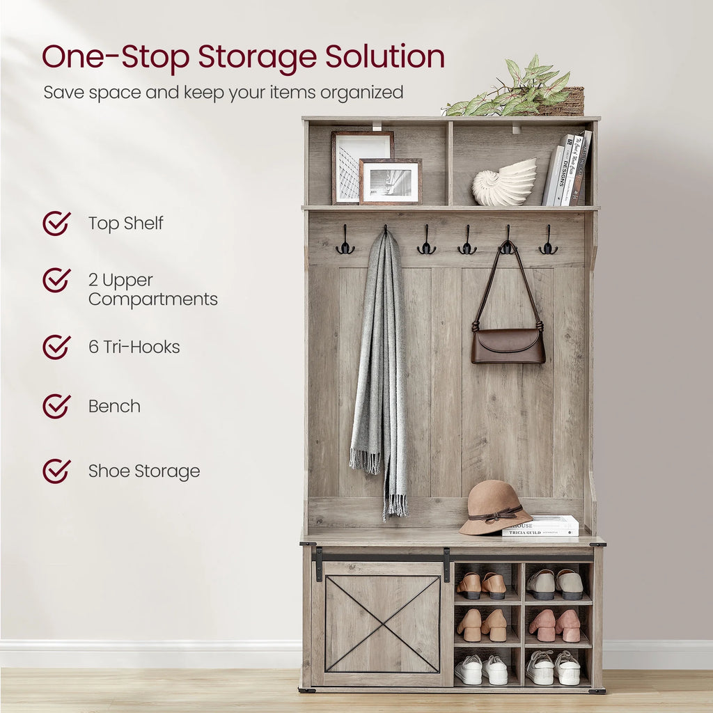 Hall Tree. Coat Rack with Shoe Bench. Entryway Furniture. Tri-Hooks. Rustic White and Honey Brown