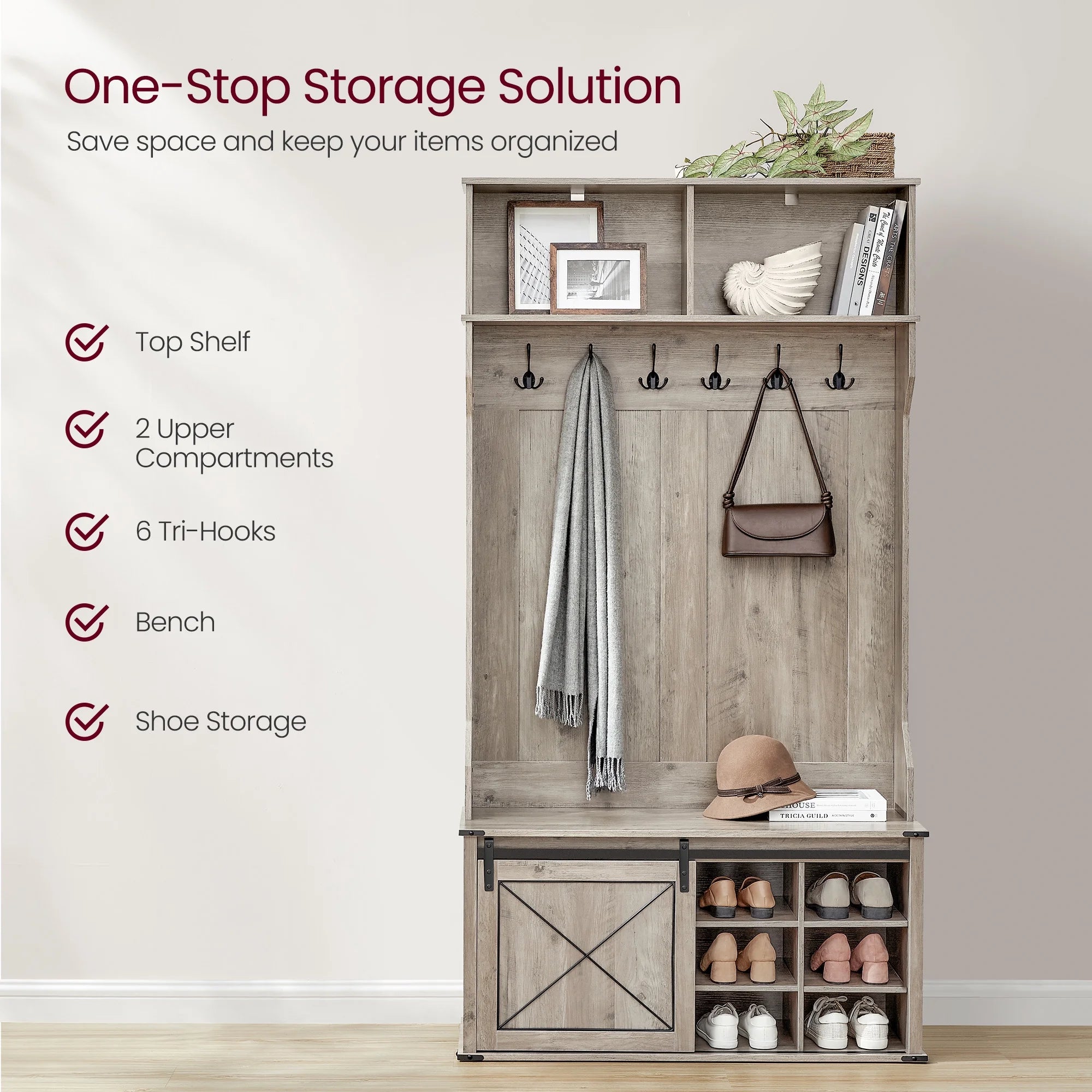 Hall Tree. Coat Rack with Shoe Bench. Entryway Furniture. Tri-Hooks. Rustic White and Honey Brown