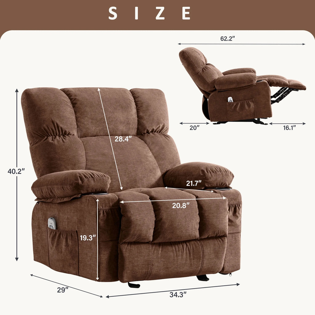 JONPONY Manual Recliner Chair with Heat Therapy and Massage Function. Heavy Duty Reclining Mechanism Massage Chair. Elderly Single Rocker Sofa with Cup Holders for Bedroom Home Theater.Grey