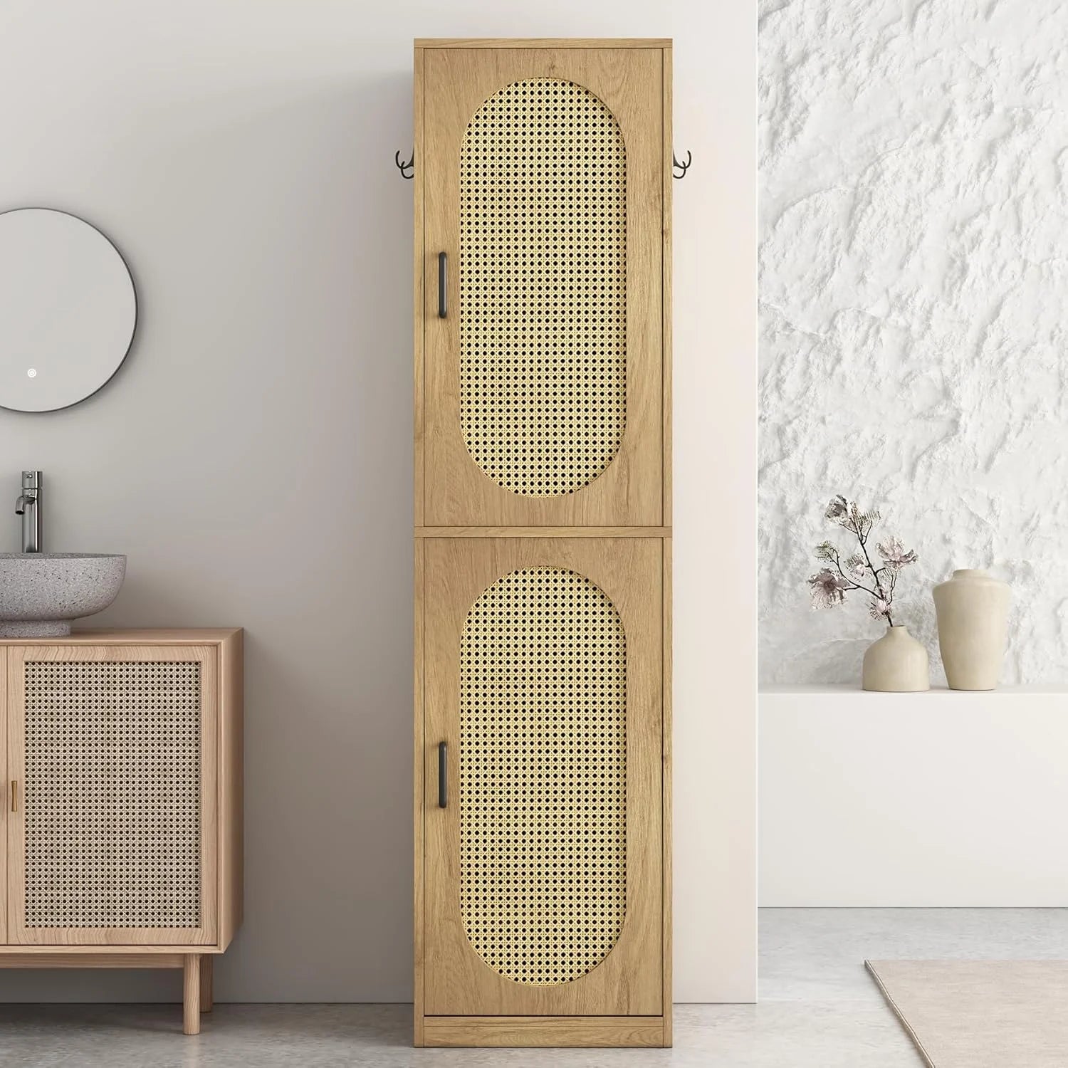 66-Inch Bathroom Storage Cabinet with Rattan Doors.  Bath Room Organizer Floor Cabinets Brown
