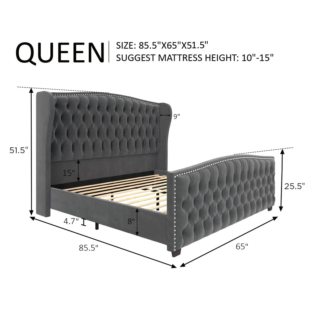 VANACC Queen Size Bed Frame. Velvet Upholstered Bed with Deep Button Tufted Wingback Headboard��Grey