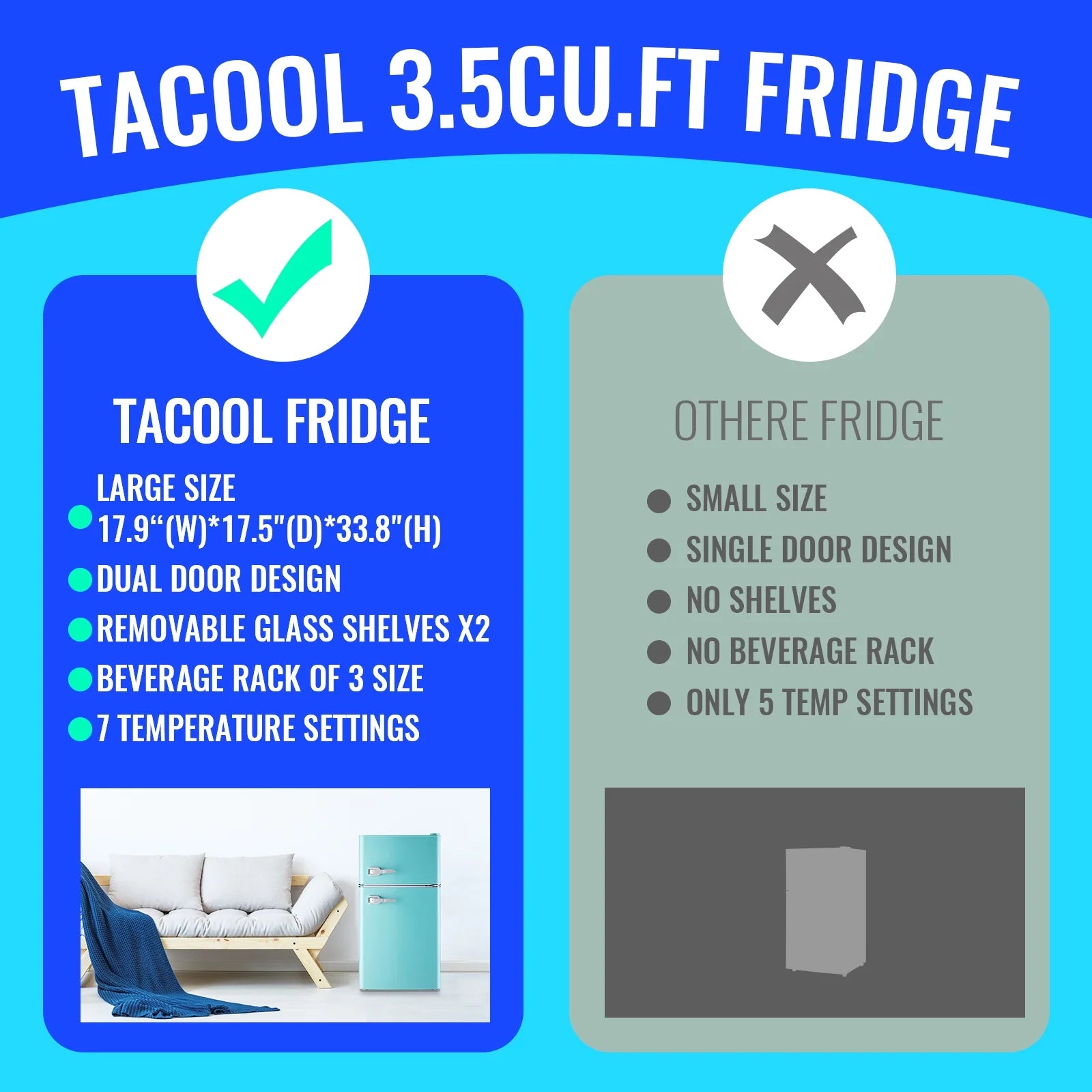 Tacool 3.5 Cu.ft Retro Mini Fridge with Freezer. 2 Door Small Refrigerator with 7 Adjustable Thermostat for Home. Blue