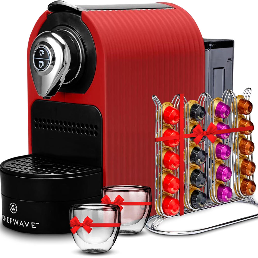 ChefWave Espresso Machine for use with Nespresso Capsules (Red). Holder and Cups