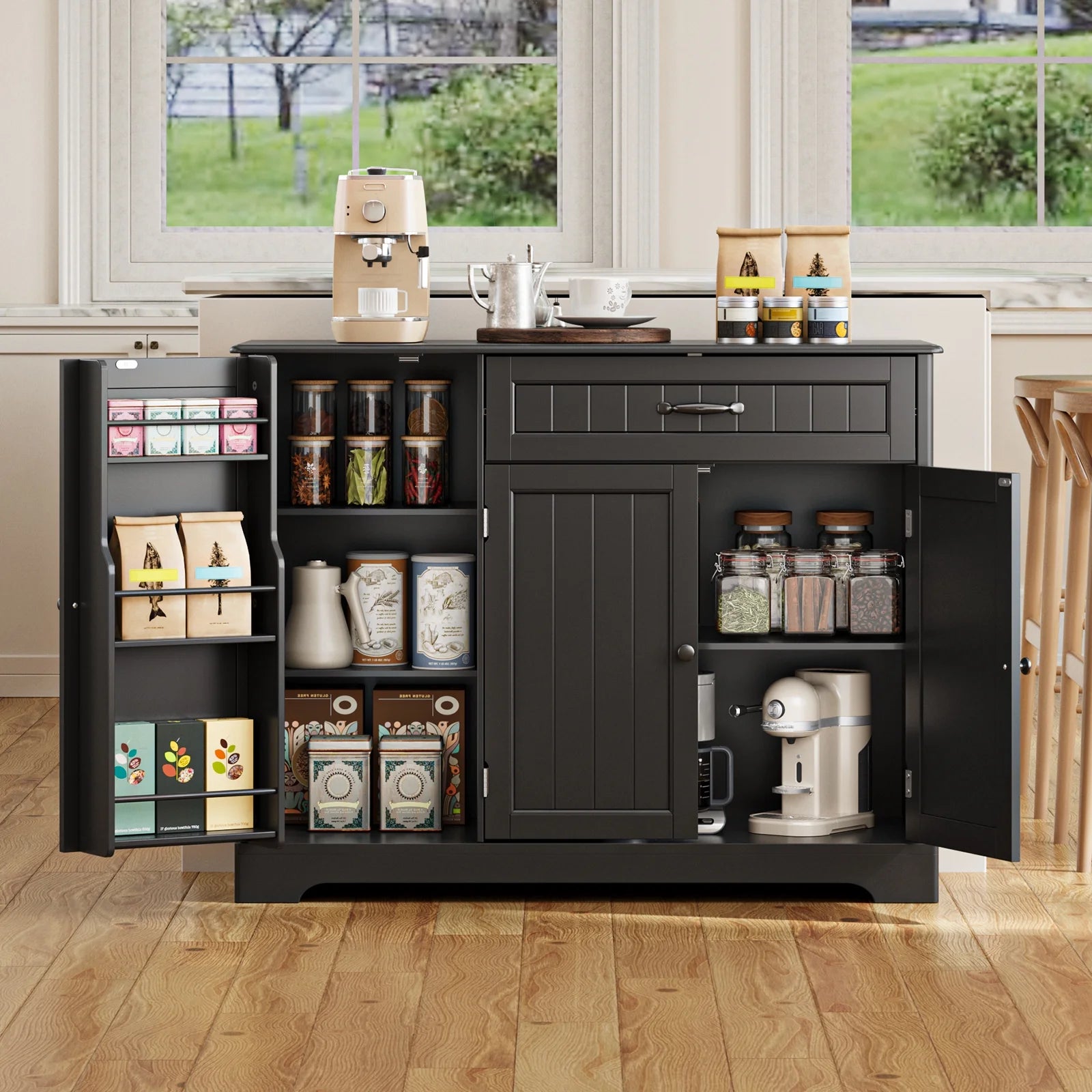 Coffee Bar. Lofka 42 Kitchen Storage Cabinet. Sideboard Buffet Cabinet with 8 Shelves. 1 Drawer