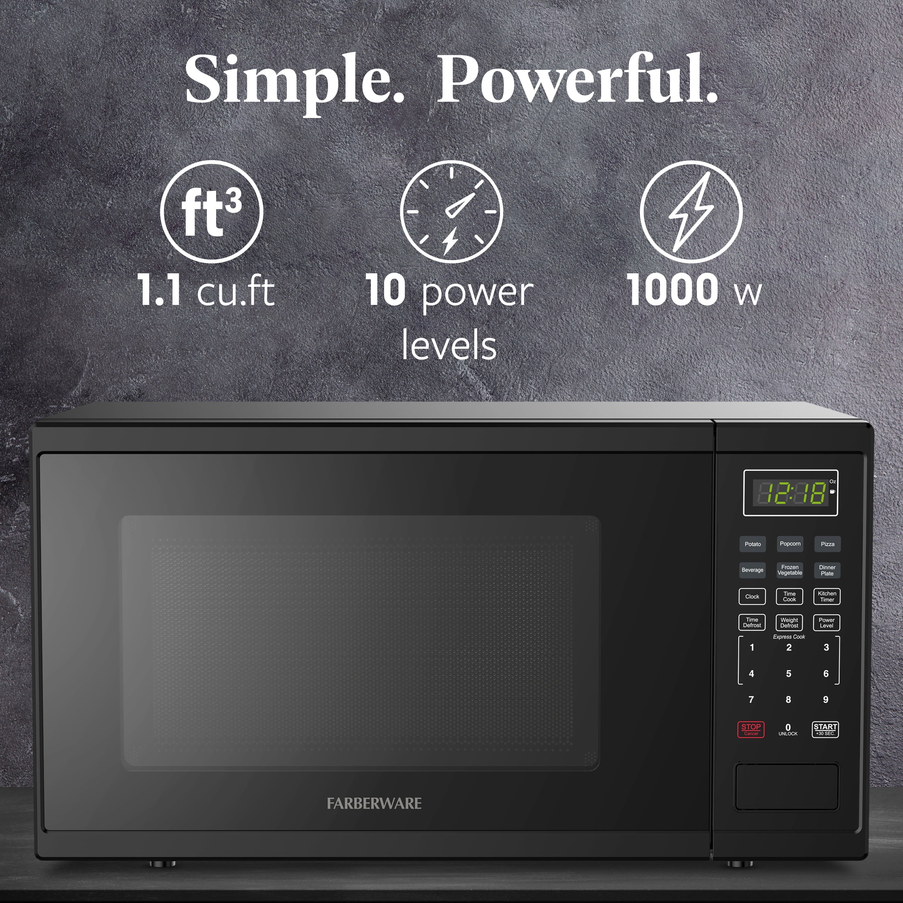 Farberware Countertop Microwave Ov 1100 Watts. 2.2 cu ft - Smart Sensor With LED Lighting and Child Lock - Perfect for Apartments and Dorms - Easy Clean Black Interior. Stainless Steel