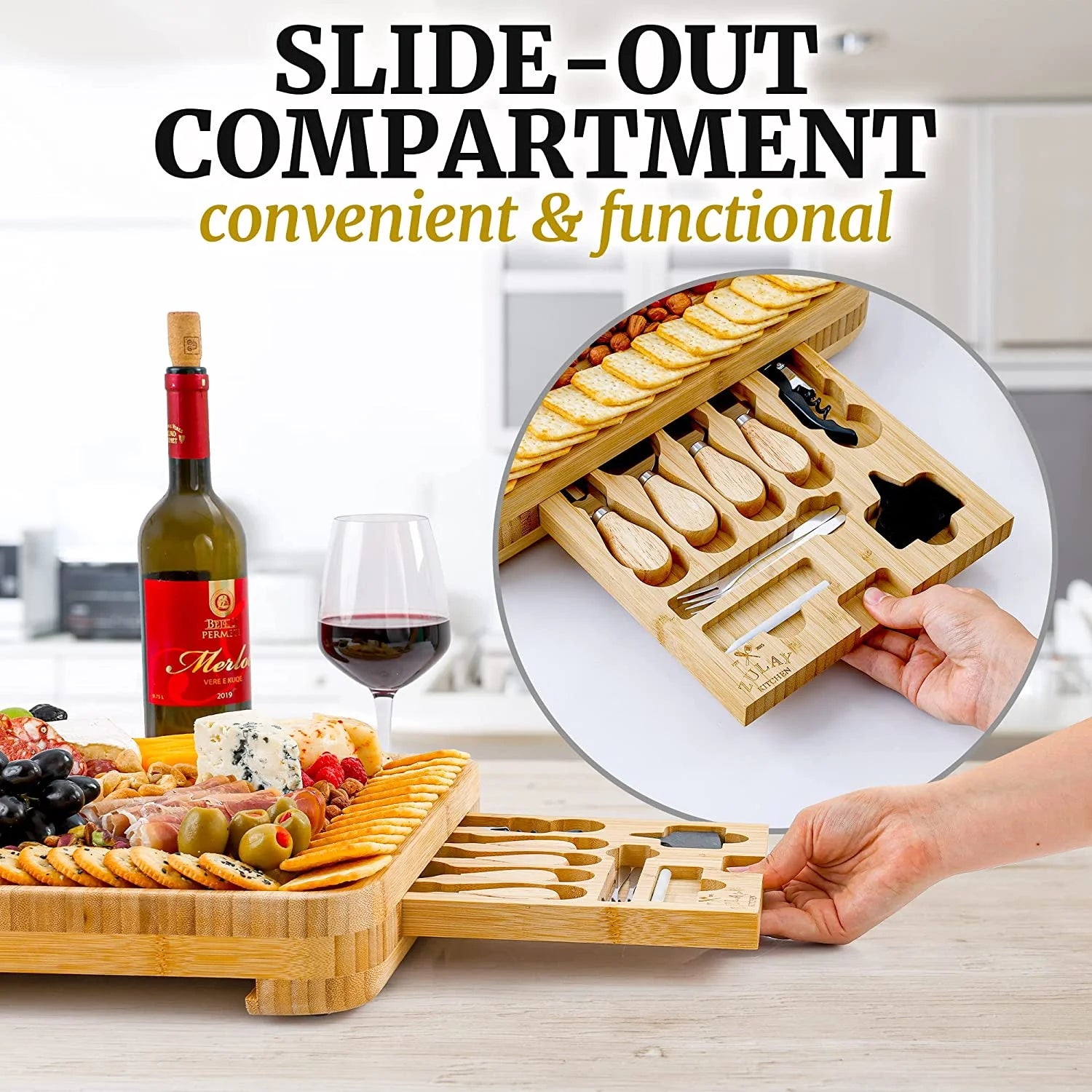 Zulay Kitchen Bamboo Cheese Board Set Extra Thick Charcuterie Board 15 Piece - Deluxe Set