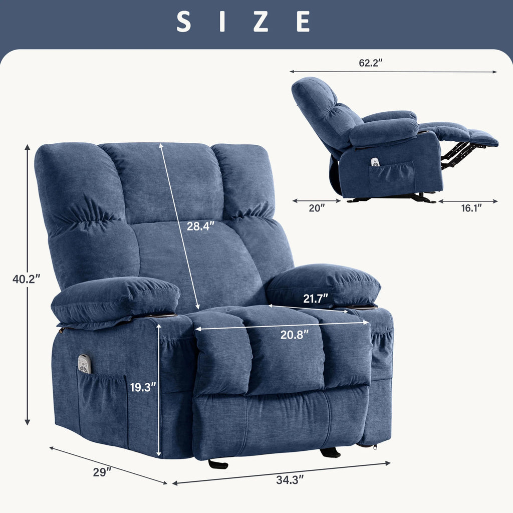 JONPONY Manual Recliner Chair with Heat Therapy and Massage Function. Heavy Duty Reclining Mechanism Massage Chair. Elderly Single Rocker Sofa with Cup Holders for Bedroom Home Theater.Grey