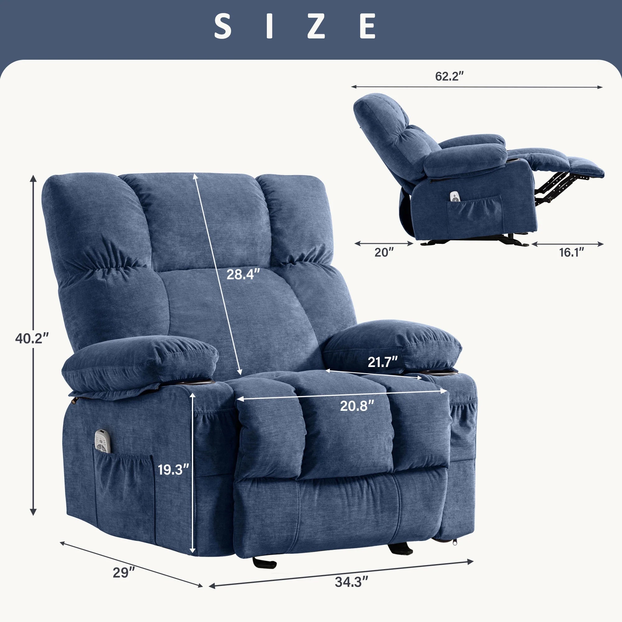 JONPONY Manual Recliner Chair with Heat Therapy and Massage Function. Heavy Duty Reclining Mechanism Massage Chair. Elderly Single Rocker Sofa with Cup Holders for Bedroom Home Theater.Grey