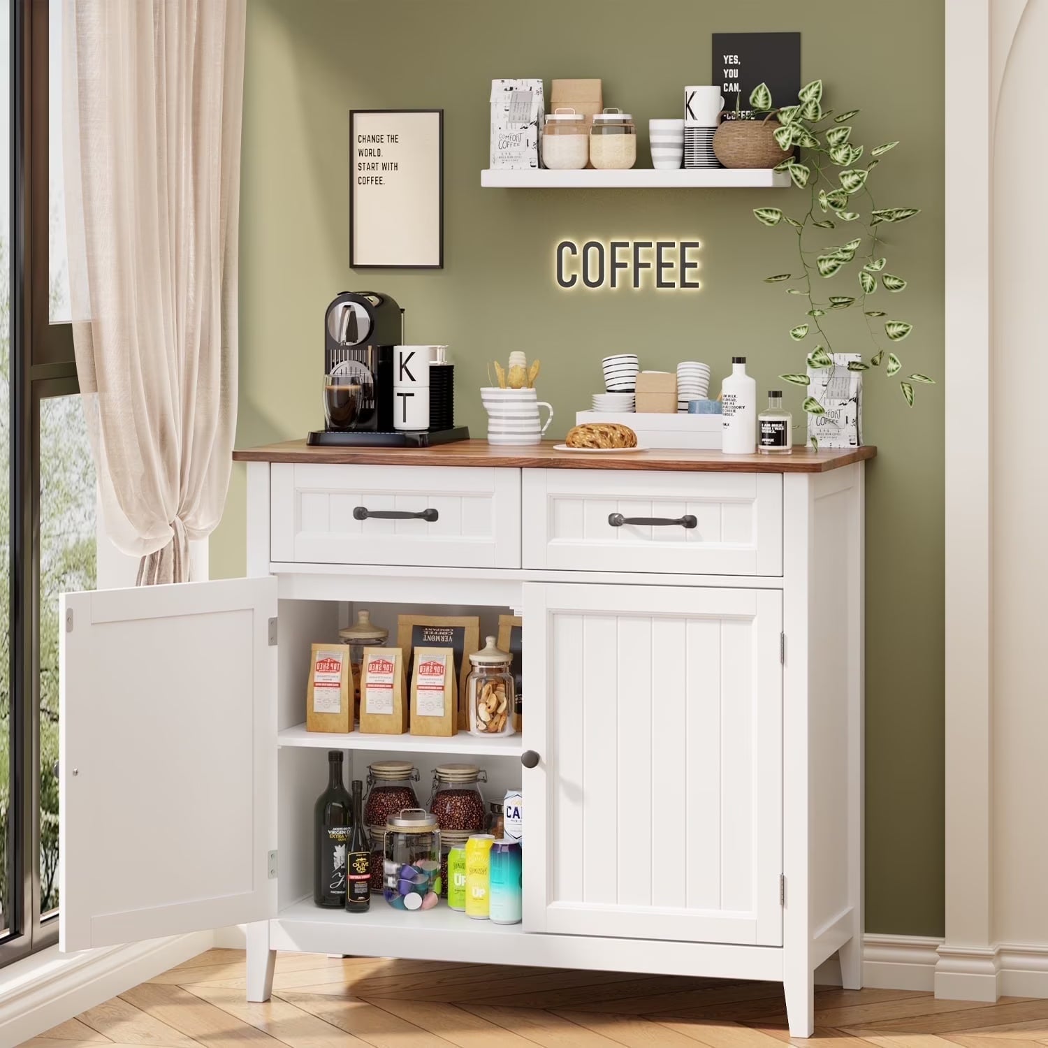 Coffee Bar. Lofka 42 Kitchen Storage Cabinet. Sideboard Buffet Cabinet with 8 Shelves. 1 Drawer