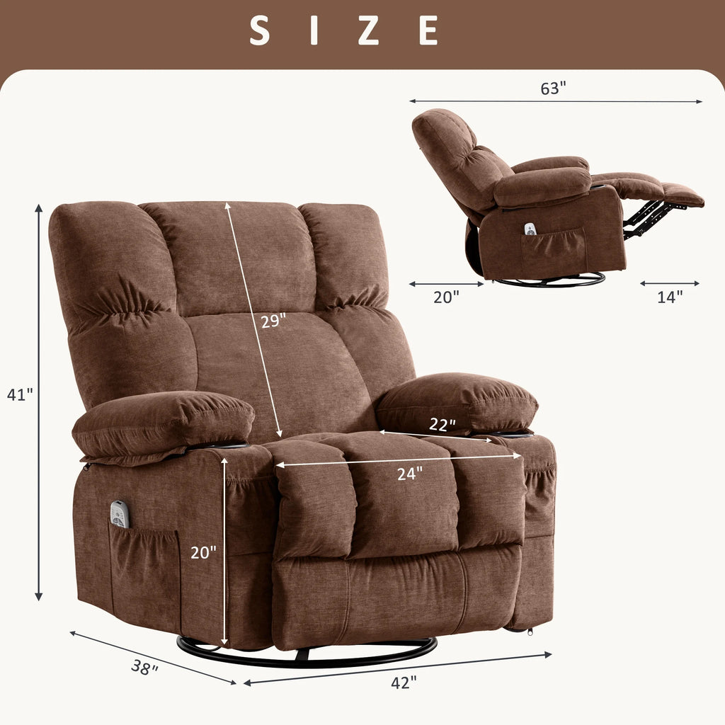 JONPONY Manual Recliner Chair with Heat Therapy and Massage Function. Heavy Duty Reclining Mechanism Massage Chair. Elderly Single Rocker Sofa with Cup Holders for Bedroom Home Theater.Grey