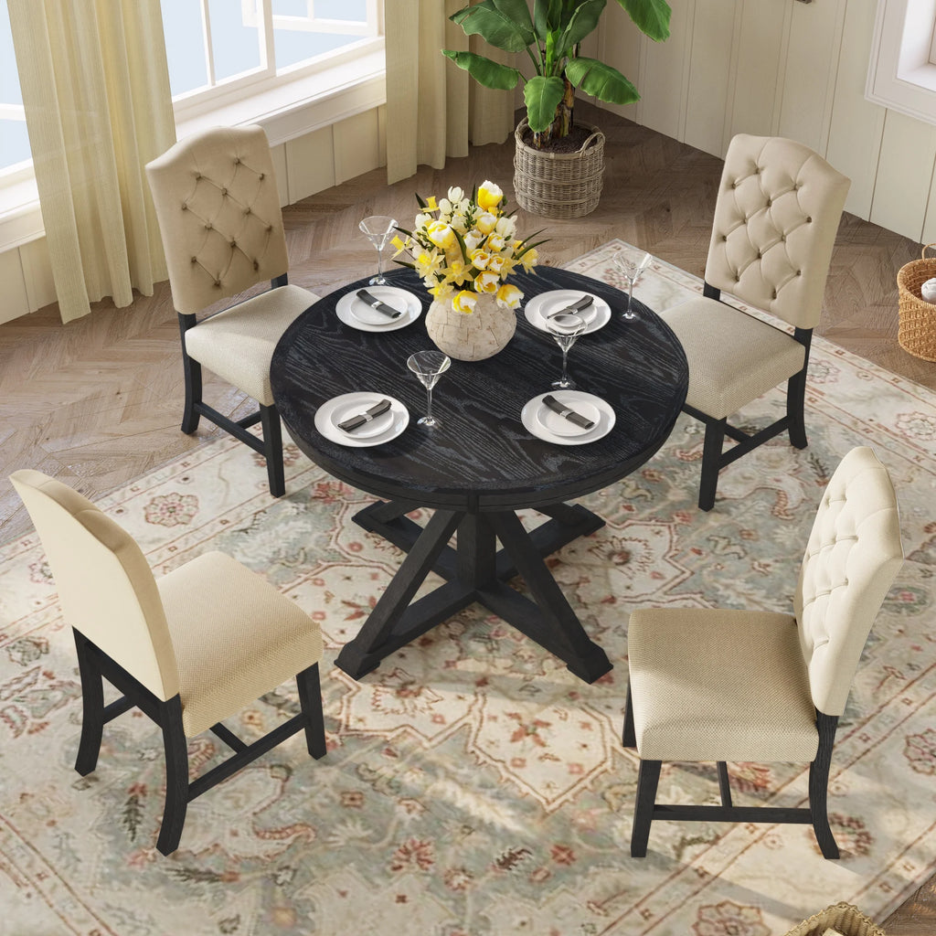 Besthome Farmhouse Extendable Round Kitchen Dining Room Table Set with Upholstered Chairs of 4. 5 Piece Round Dining Table Set with Extendable Table. Espresso