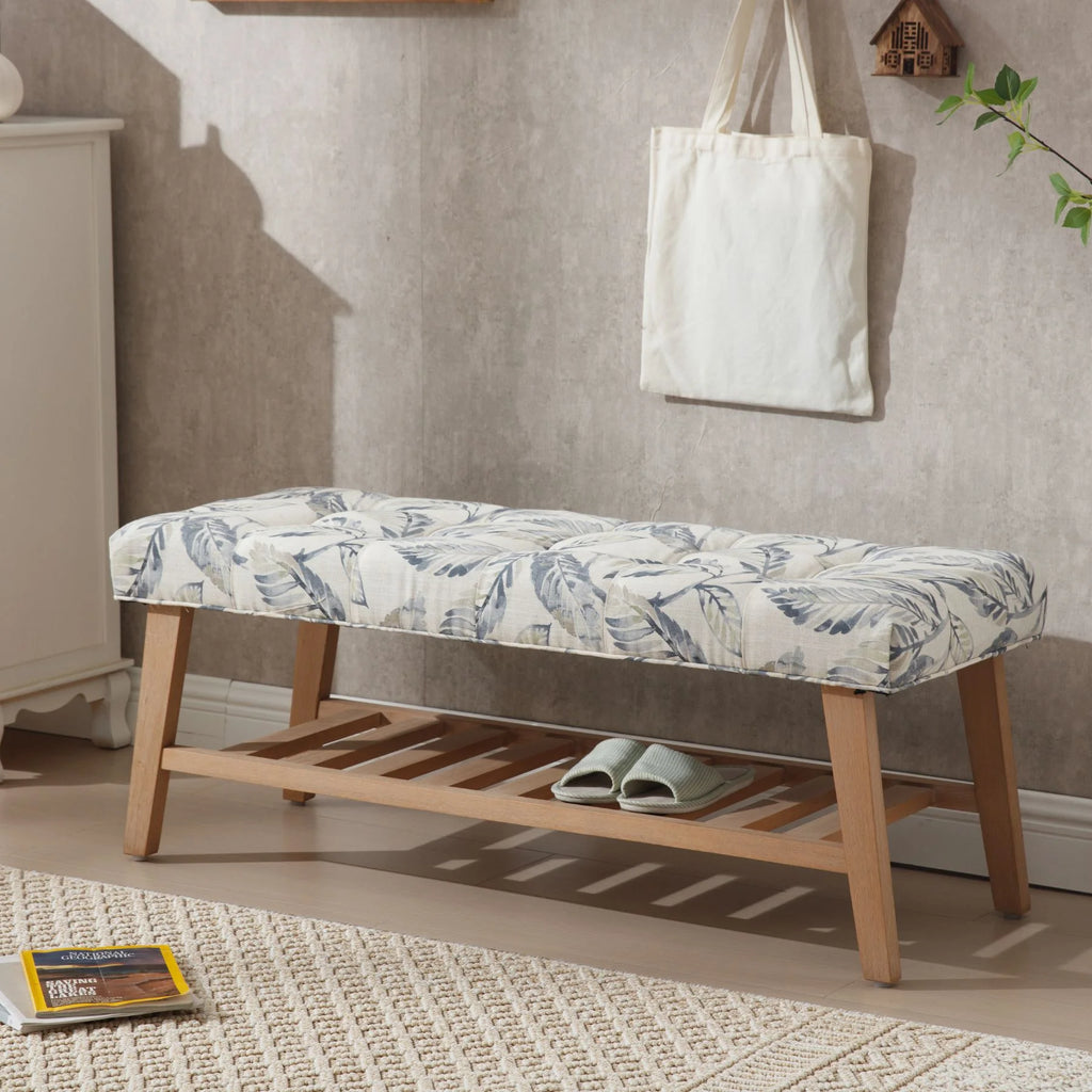 Dayalane Upholstered Storage Bench with Shoe Rack.Linen Fabric Entryway Bench for Living Room. Bedroom and Hallway. Multi Functional Ottoman with Solid Wood Shelf. Beige