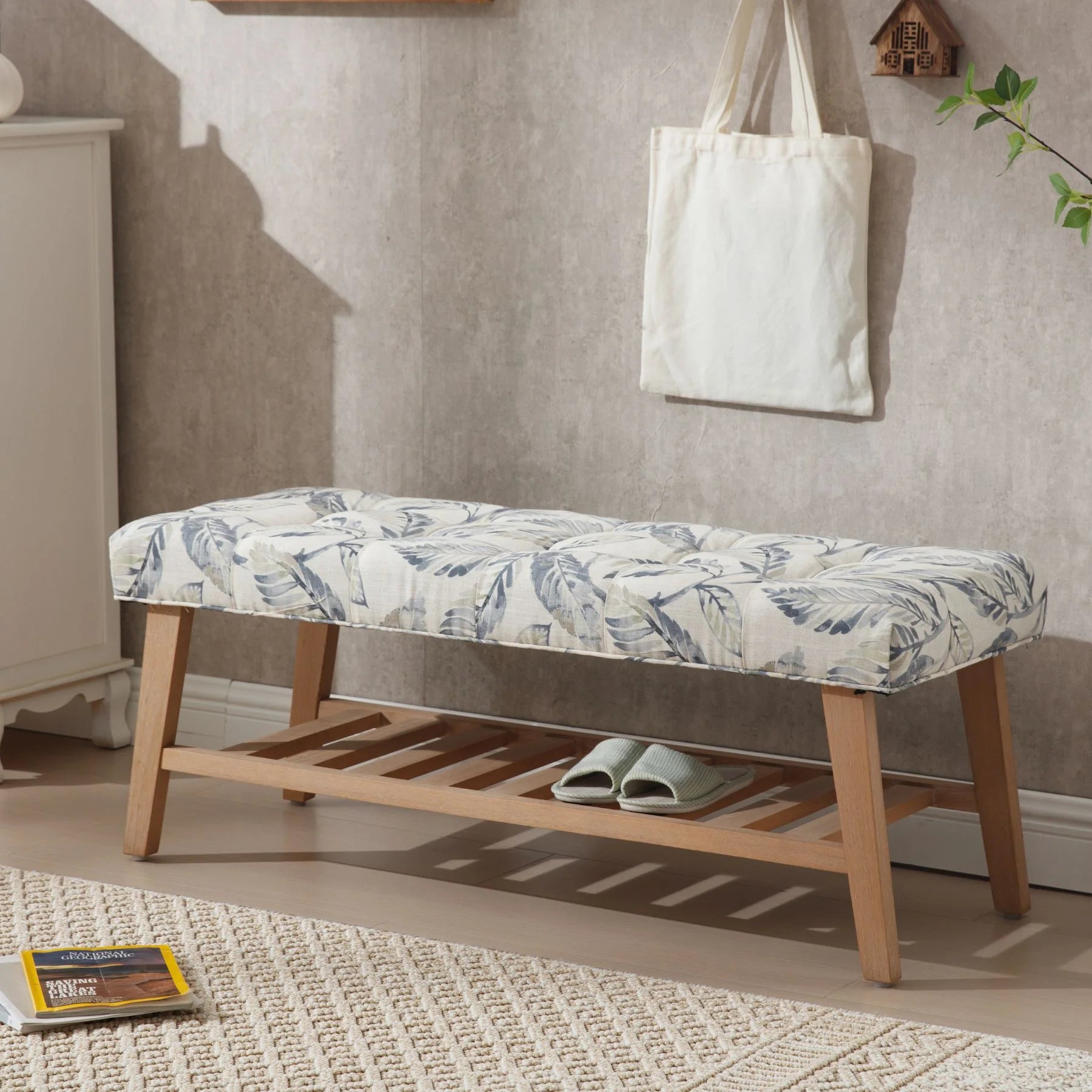 Dayalane Upholstered Storage Bench with Shoe Rack.Linen Fabric Entryway Bench for Living Room. Bedroom and Hallway. Multi Functional Ottoman with Solid Wood Shelf. Beige