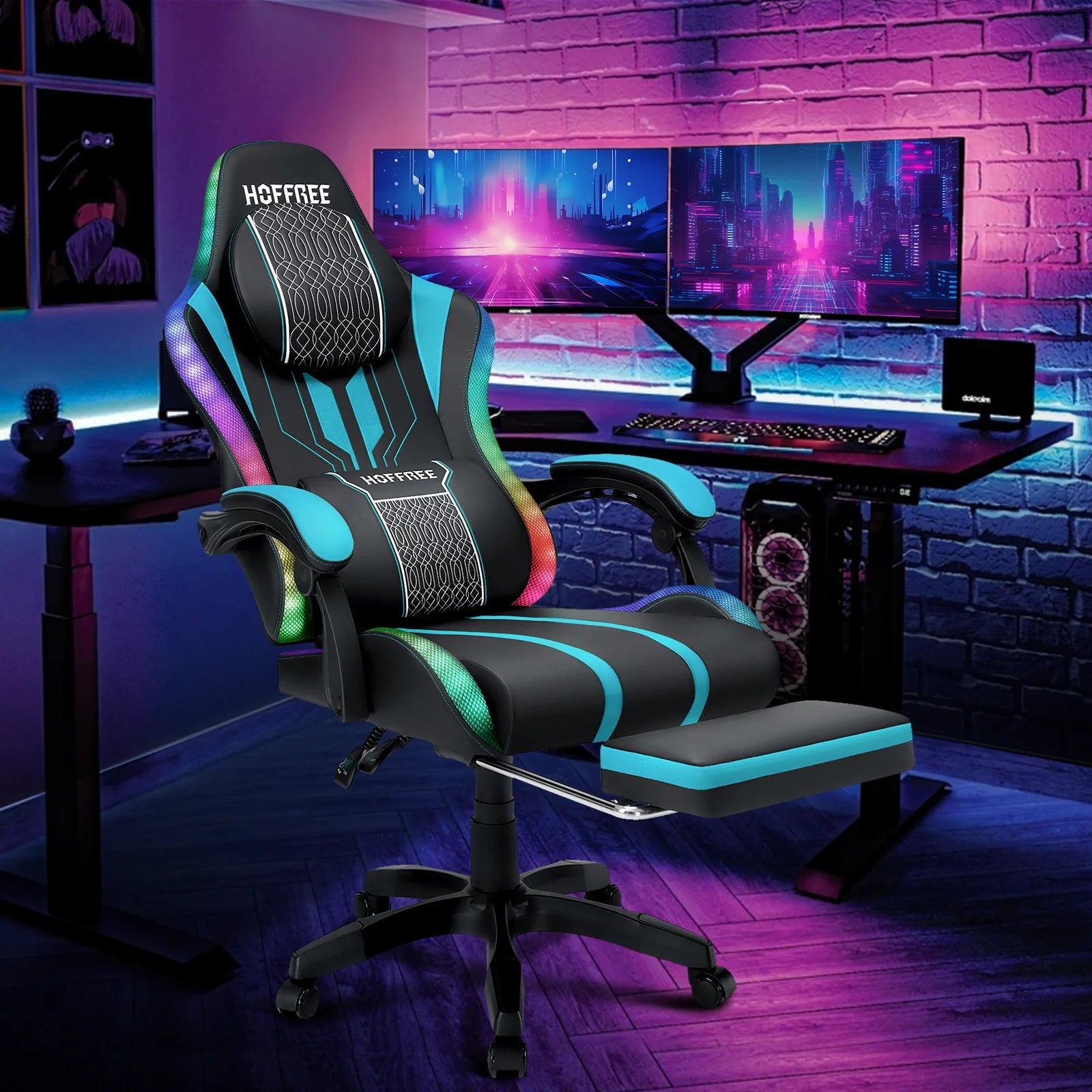 HOFFREE Big and Tall Gaming Chair with Speakers and RGB Lights. Gamer Chair with Footrest. Lumbar Support Height Adjustable 360-Swivel Seat and Headrest for Adults. 400lbs